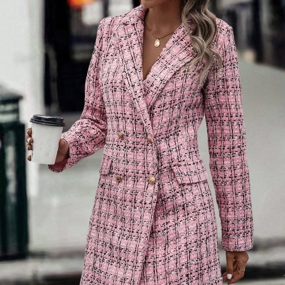 Pink Plaid Pattern Double Breasted Tweed Overcoat - Picture 4 of 5